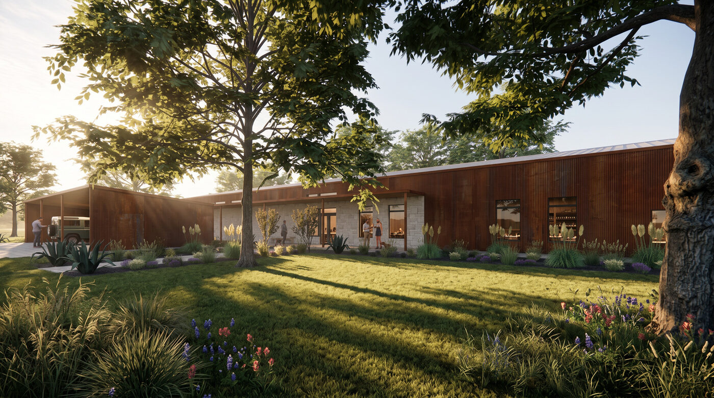 Rendering of the clubhouse exterior and cart barn
