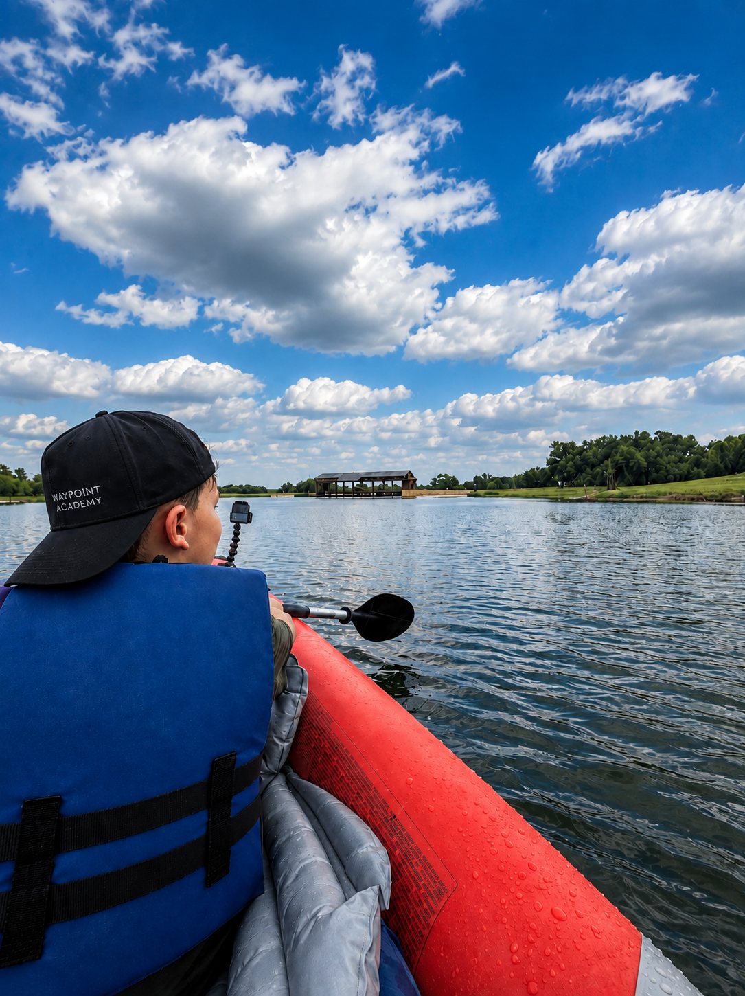 A Waypoint student in club colors paddling toward the covered dock